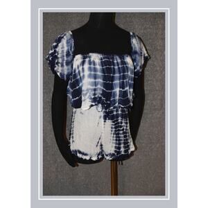 18 Centimeters Blue Tie Dyed Broomstick Cap Flutter Sleeve Romper Jumpsuit SZ M